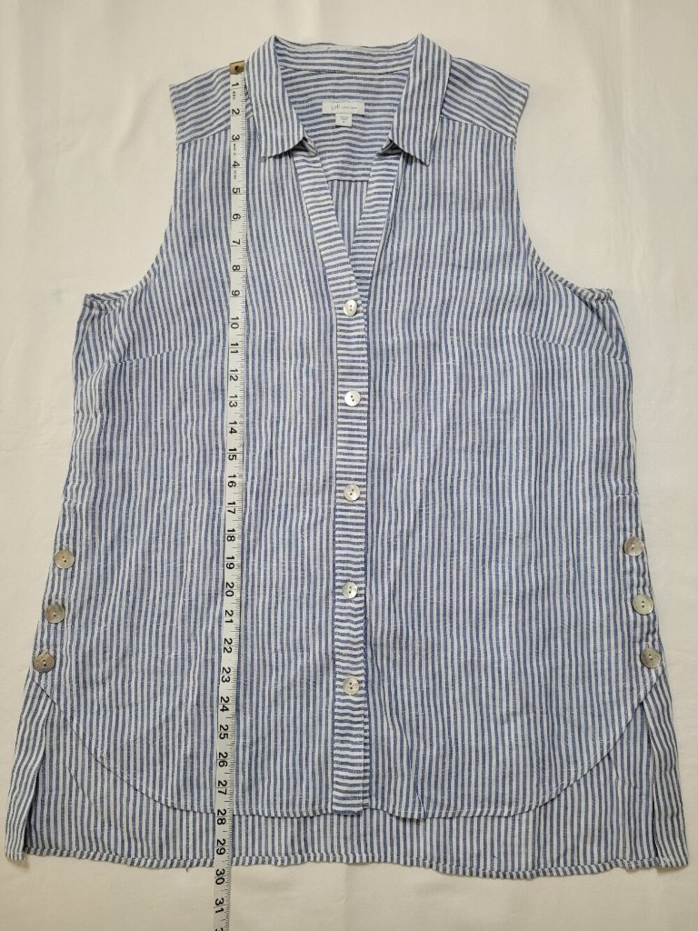 J. Jill Love Linen Sleeveless Tunic Blouse Blue White Striped Button Down Medium - Picture 7 of 9